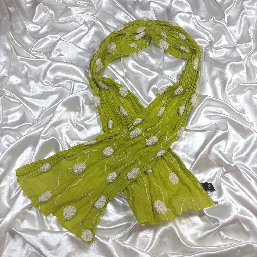 y2k Scarf Lime Green Excellent 2 Chic Crinkle Cotton Pom Pom Embroidered